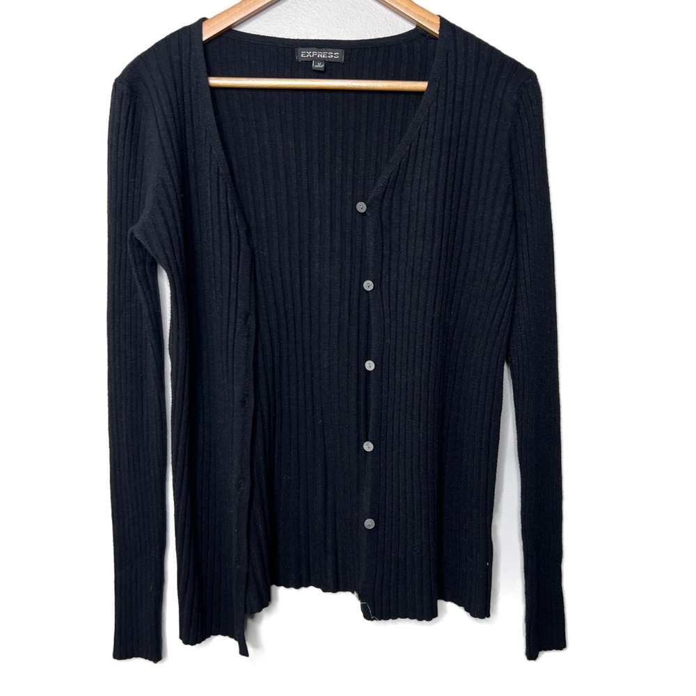 EXPRESS Black Ribbed V Neck Button Up Long Sleeve Cardigan Sweater Womens M - Picture 7 of 16